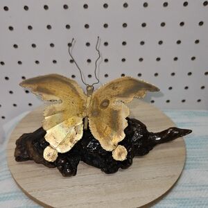 Vtg Brutalist Butterfly Sculpture Petrified Wood Torch Cut Metal Mid Century
